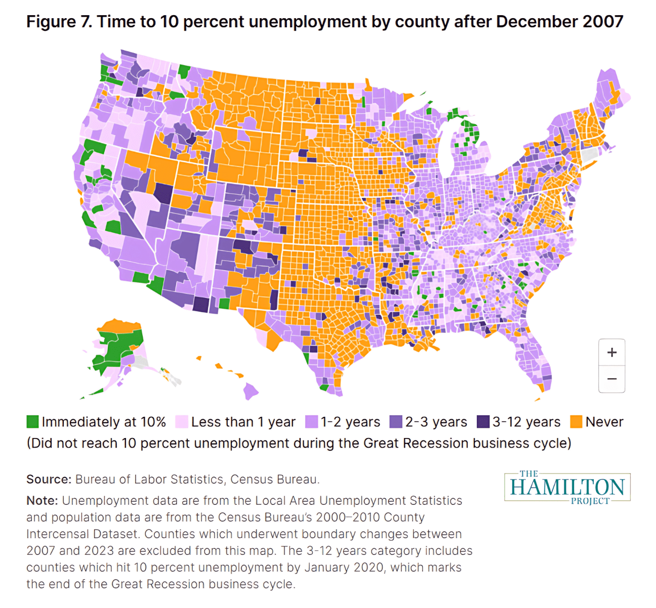 Figure 7 applies the work requirement waiver policy in the House bill to the Great Recession, showing how long it took counties to reach 10 percent unemployment after the recession started.