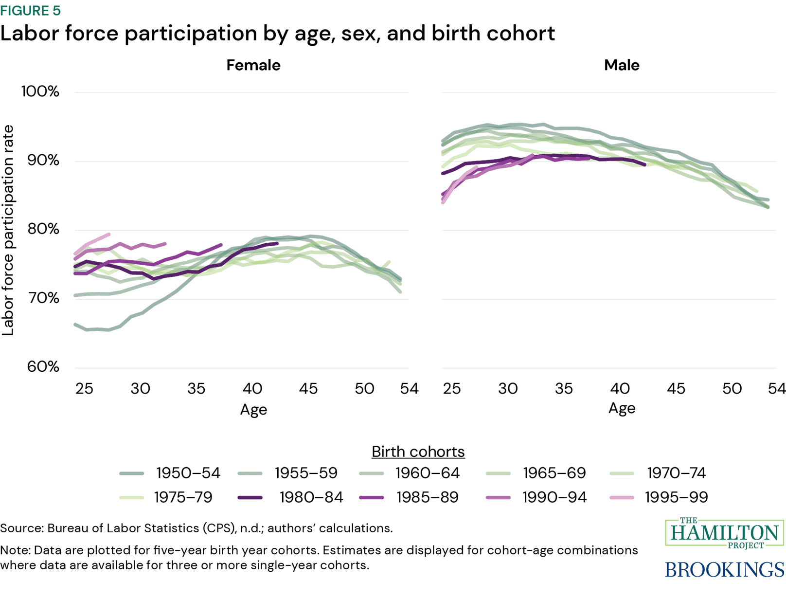 Figure 5: Labor force participation by age, sex, and birth cohort
