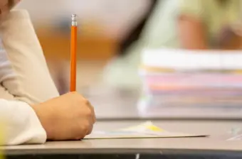 Student holds pencil while filling out worksheet on desk