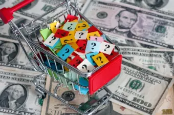 Shopping cart with question marks on dollars banknotes