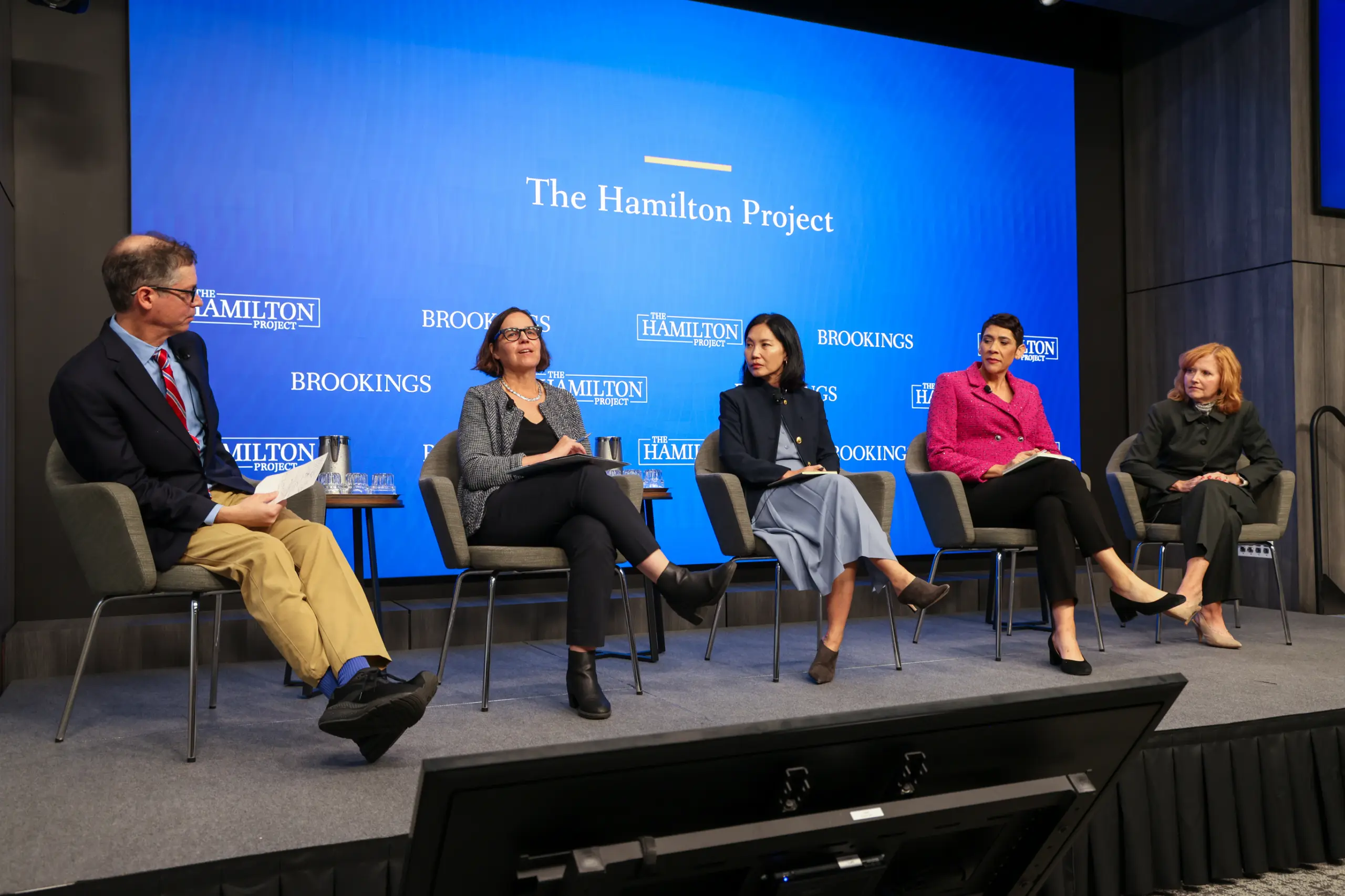Jonathan Cohn, Tara Watson, Haeyoung Yoon, Nicole Howell, and Maggie Elehwany speak at The Hamilton Project’s event, “Meeting long-term care needs for an aging United States.” Photographer: Ralph Alswang