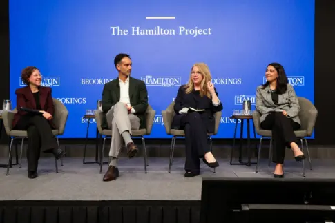 Aviva Aron-Dine, Neale Mahoney, Carole Johnson, and Tisamarie Sherry speak at The Hamilton Project’s event, “Meeting long-term care needs for an aging United States.” Photographer: Ralph Alswang