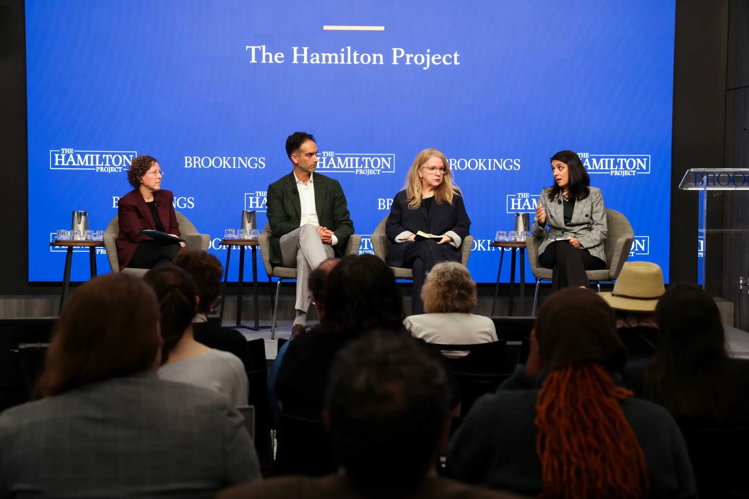 Aviva Aron-Dine, Neale Mahoney, Carole Johnson, and Tisamarie Sherry speak at The Hamilton Project’s event, “Meeting long-term care needs for an aging United States.” Photographer: Ralph Alswang