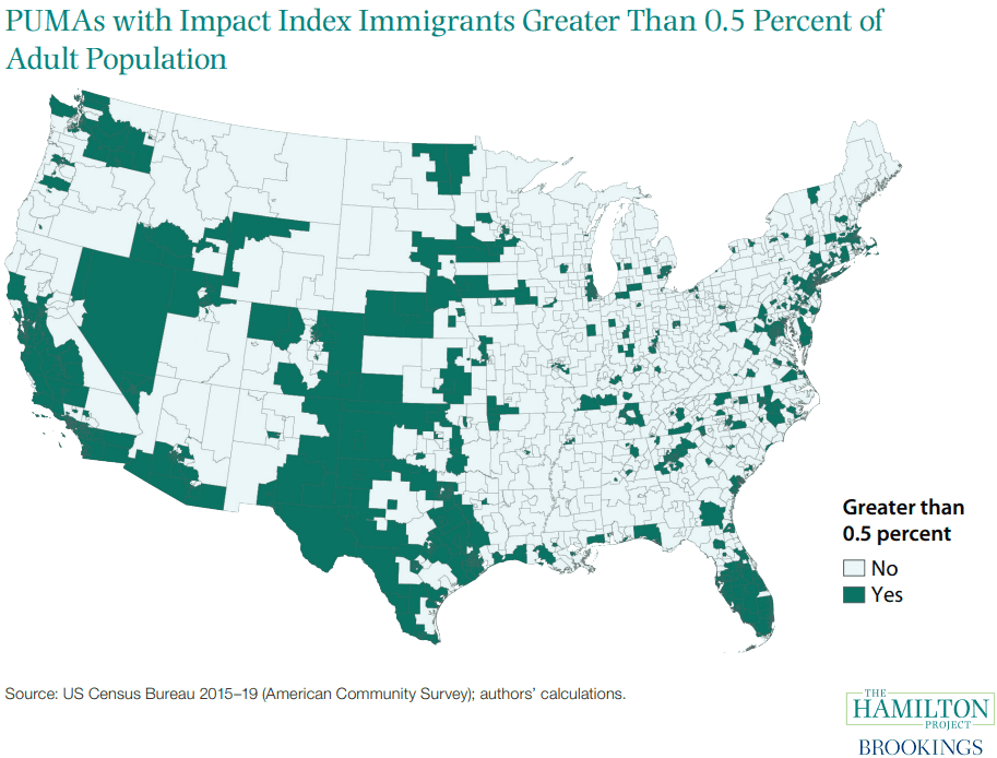 Figure: PUMAs with Impact Index Immigrants Greater than 0.5 Percent of Adult Population