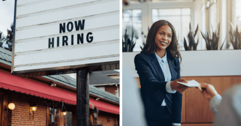 A "Now Hiring" sign and a woman getting a job offer