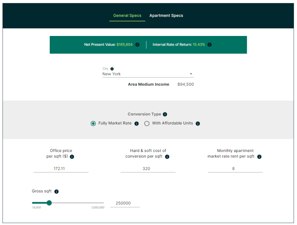 A preview of a residential to commercial conversions calculator