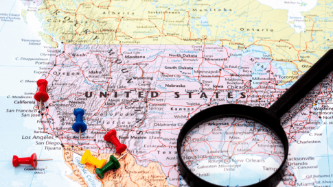 Map of the U.S. signifying which states and localities have received the most new immigrants.